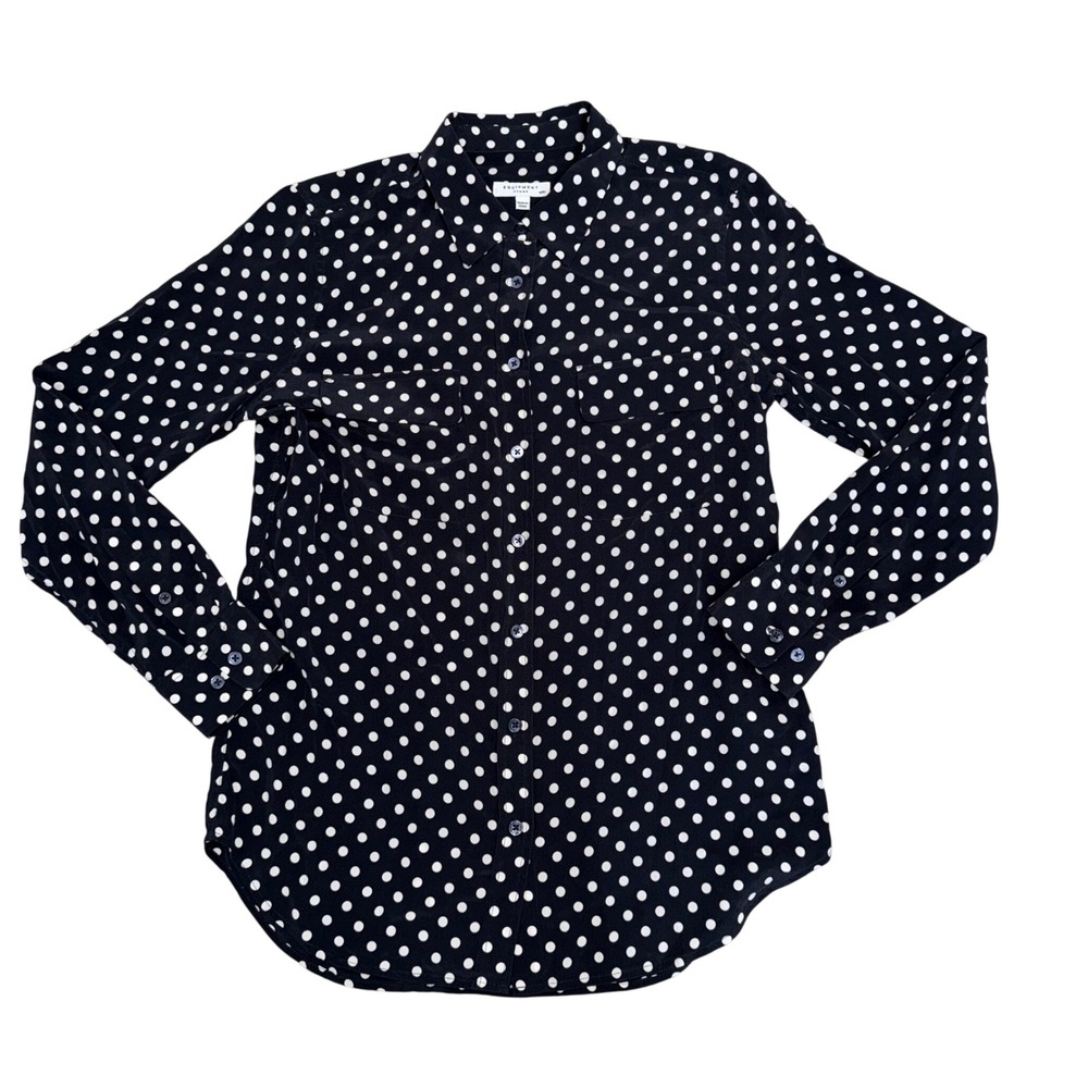Equipment Femme Silk Button Up Blouse Women M Navy White Polka Dot Excellent